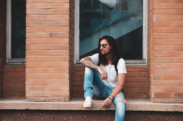 Hipster model with long hair