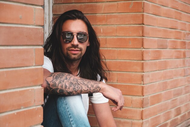 Hipster model with long hair