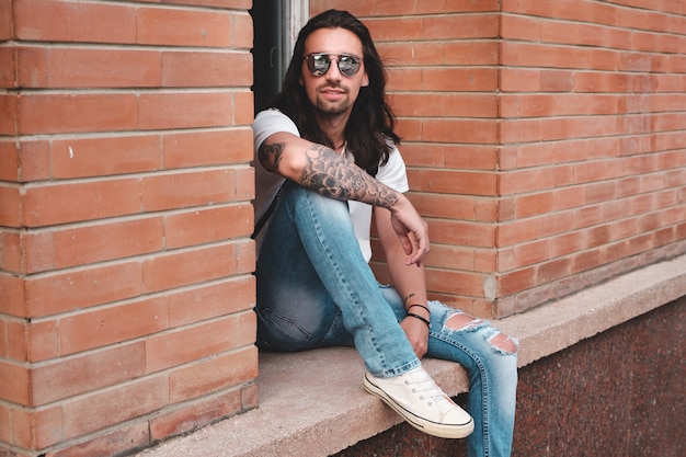 Hipster model with long hair