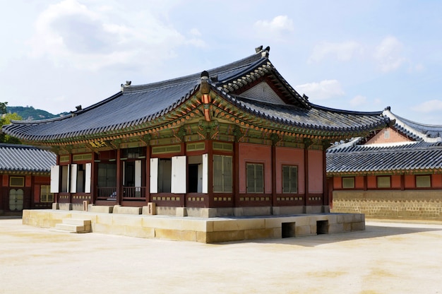 Historic buildings at Gyeongbok Palace in Seoul, South Korea.