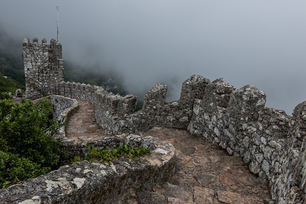안개가 하루에 포르투갈 신트라에있는 황무지의 역사적인 성
