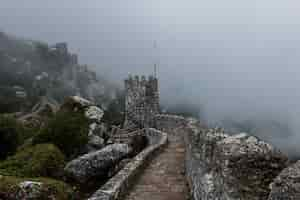 Free photo historic castle of the moors in sintra, portugal on a foggy day