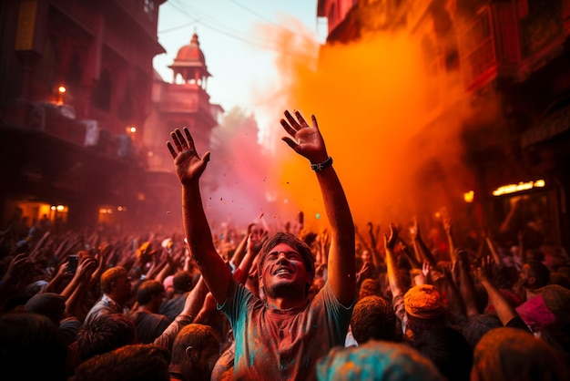 Free photo the holi street atmosphere conveys a joyful and bright moment of joy and togetherness