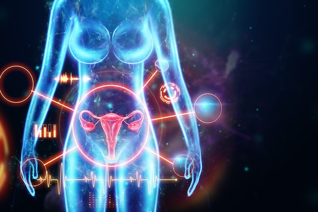 Hologram of the female organ of the uterus, diseases of the uterus and ovaries, menstrual pain. medical examination, women's consultation, gynecology. 3d illustration, 3d render.