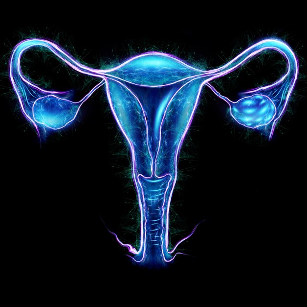 Hologram of the female organ of the uterus with different medical indications, ultrasound of the uterus. ultrasound concept, gynecology, obstetrics, ovulation, pregnancy. 3d illustration, 3d render.