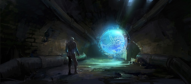 어두운 터널에서 펼쳐진 홀로그램 이미지, Digital Illustration.