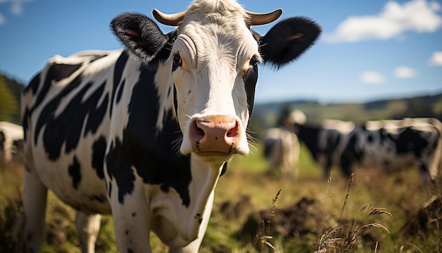 Foto gratuita bovini holstein che pascolano su un prato verde sotto il sole generato dall'intelligenza artificiale