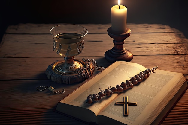 Holy Bible and rosary beads on wooden table