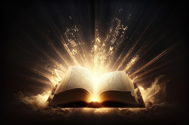 Священная Библия с лучами света, исходящими от ИИ