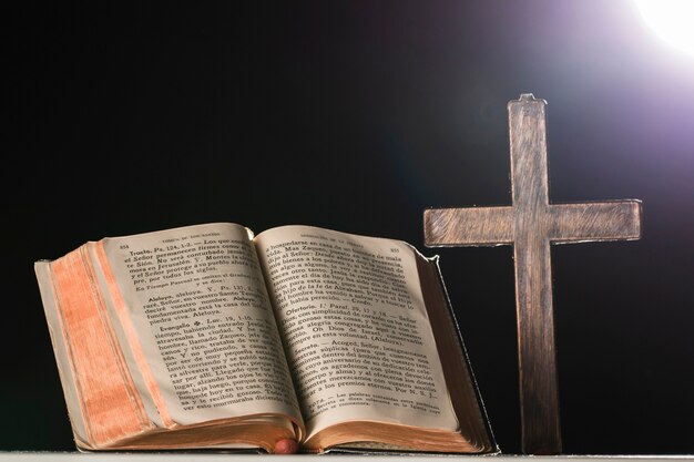 Holy book and cross in moon light