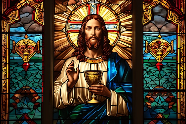 Free photo holy communion religious scene depicted on colorful stained glass