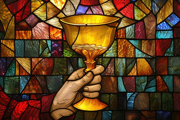 色彩の多いステンドグラスに描かれた聖餐の宗教的なシーン