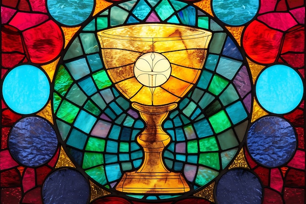 holy communion religious scene depicted on colorful stained glass