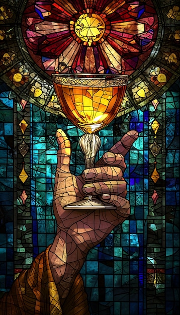 Foto gratuita scena religiosa della santa comunione raffigurata su vetrate colorate