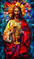 Бесплатное фото Религиозная сцена святого причастия, изображенная на красочном витраже