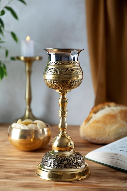 Holy communion with wine chalice and bread