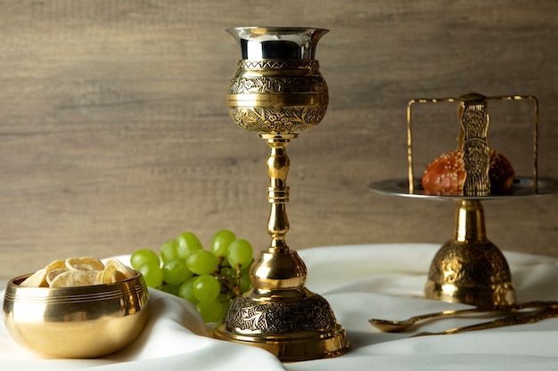 Holy communion with wine chalice and bread