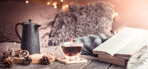 home comfort, details of the festive interior on a wooden table