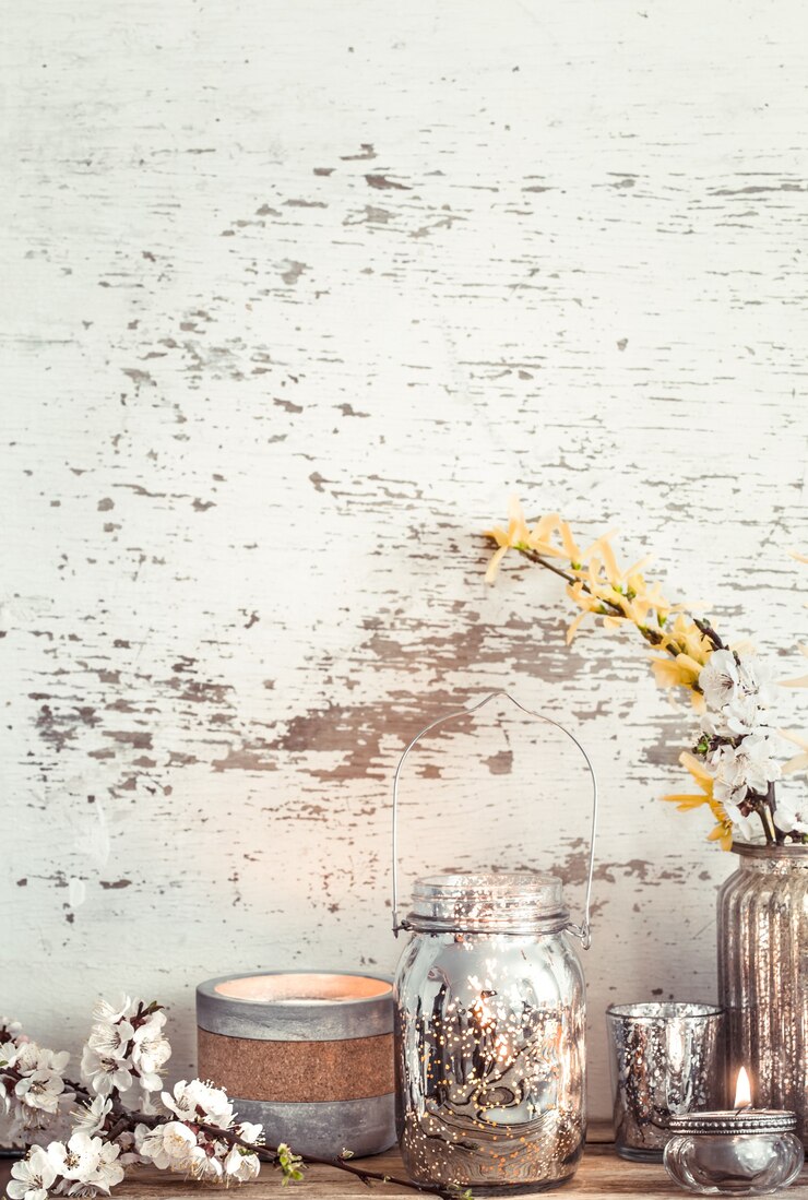 Free Photo home decor on wooden background with spring flowers