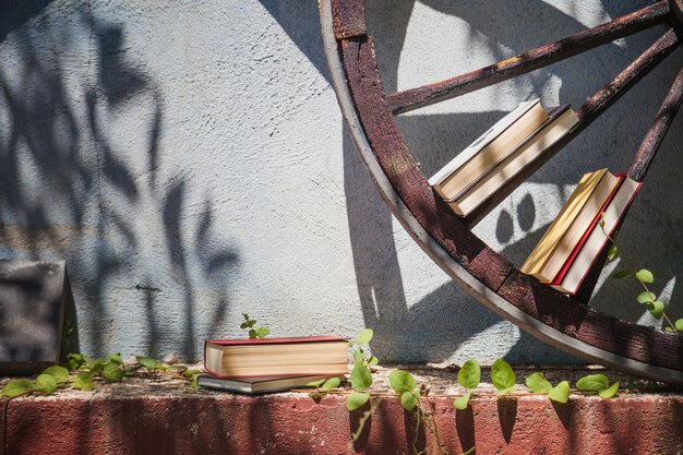 Home exterior with garden and wooden wheel