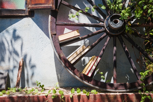 Home exterior with garden and wooden wheel