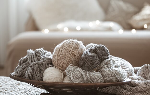 Home Hobbies, knitting threads on the table.