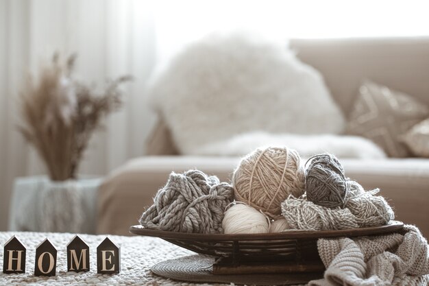 Home Hobbies, knitting threads on the table.