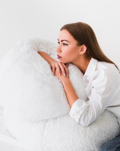 Home lifestyle concept woman sitting on bean bag