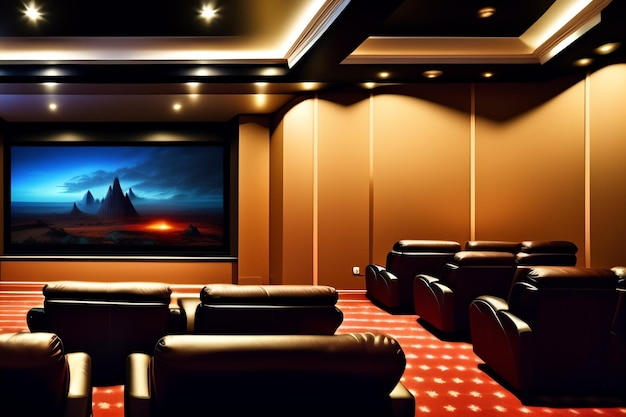 Foto gratuita un home theater con un grande schermo e una sedia nera e una parete con un film sopra.