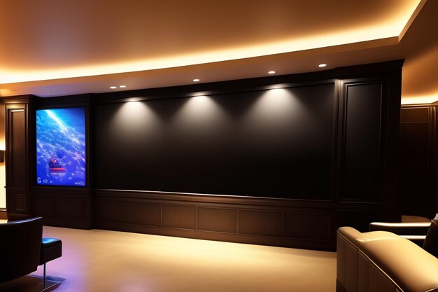 Домашний кинотеатр с большим экраном, на котором написано «домашний кинотеатр».