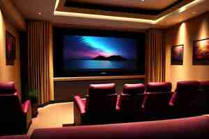 Foto gratuita un home theater con una sedia rossa e un grande schermo che dice home theater