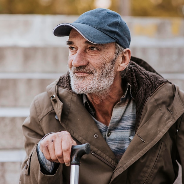 Free photo homeless man with beard and cane