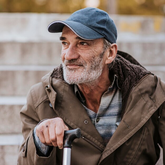 Homeless man with beard and cane