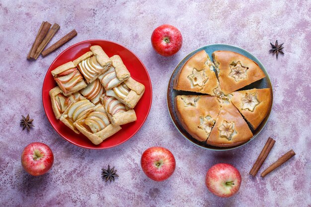 Homemade apple pie, cake and galette.