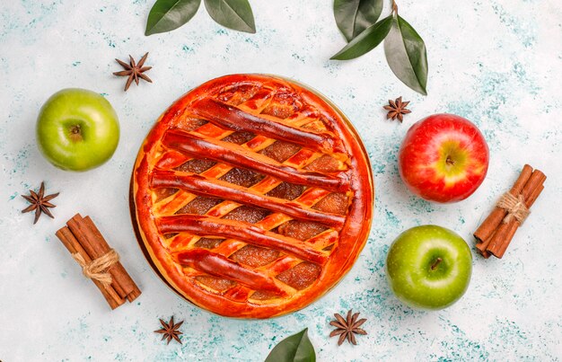 Homemade apple pie on light table