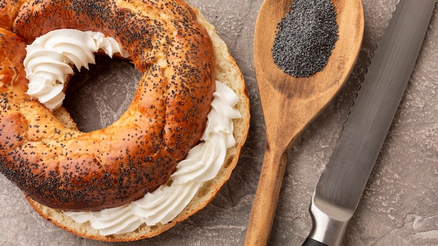 Homemade bagel with cream cheese