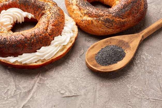 Homemade bagels with cream cheese
