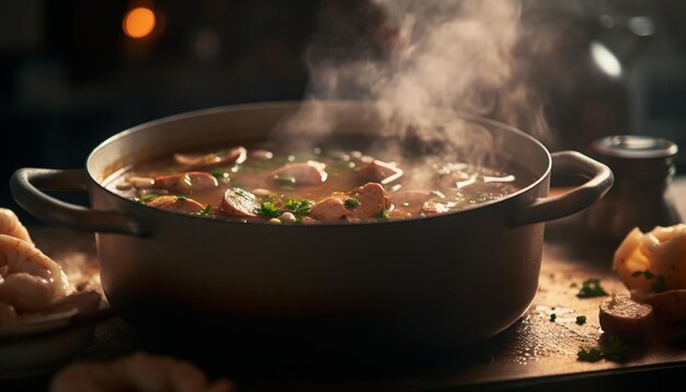 Homemade beef stew cooked on rustic stove generated by AI