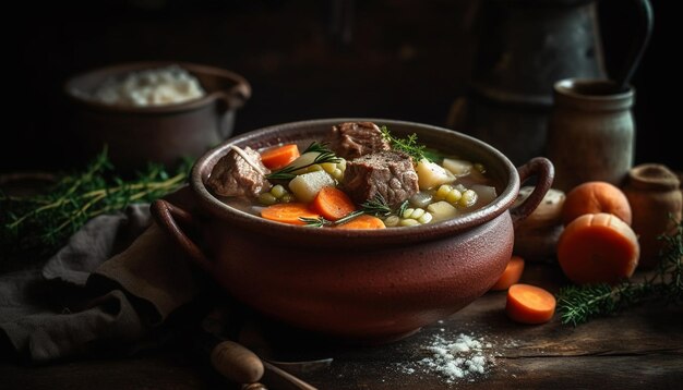 Homemade beef stew on rustic wooden table generated by AI