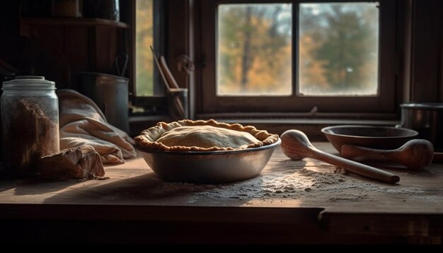 Homemade bread dough preparing on rustic table generated by AI