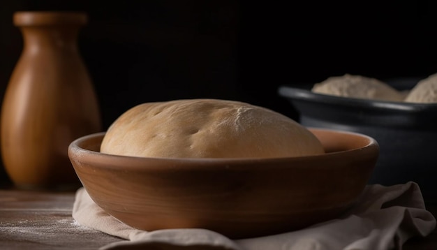 Foto gratuita l'impasto del pane fatto in casa lievita in una ciotola di legno generata dall'intelligenza artificiale