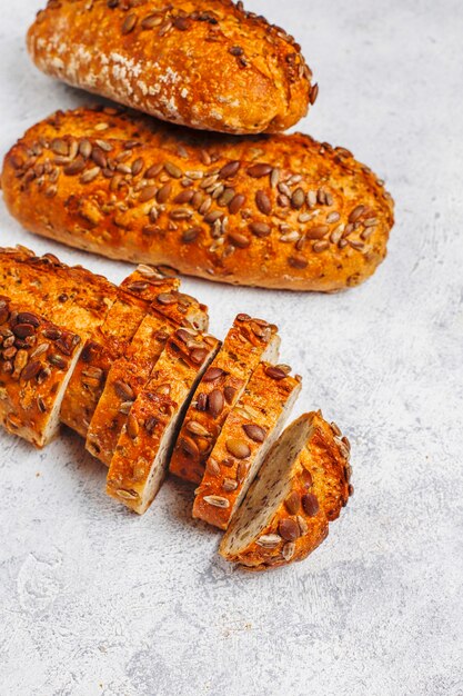 Homemade bread with sesame, pumpkin, sunflower seeds.