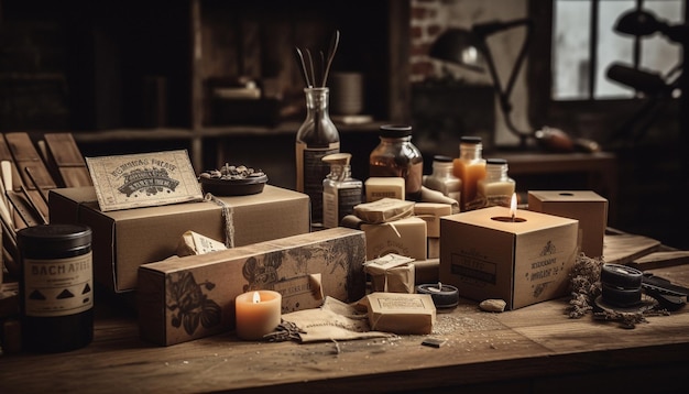 Free photo homemade candle and herb arrangement on rustic shelf generated by ai