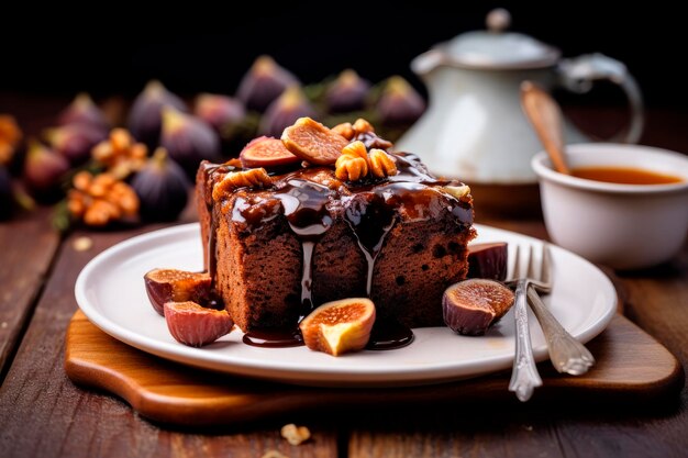 Бесплатное фото Домашний каштановый торт, сладкий веганский шоколадно-каштановый брауни с медом и карамельным соусом