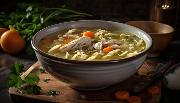 Free photo homemade chicken noodle soup fresh vegetables cilantro generated by ai