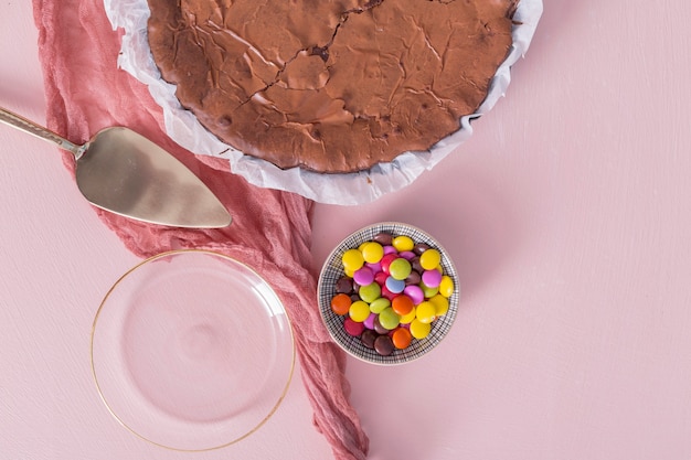 Homemade chocolate cake flat lay 