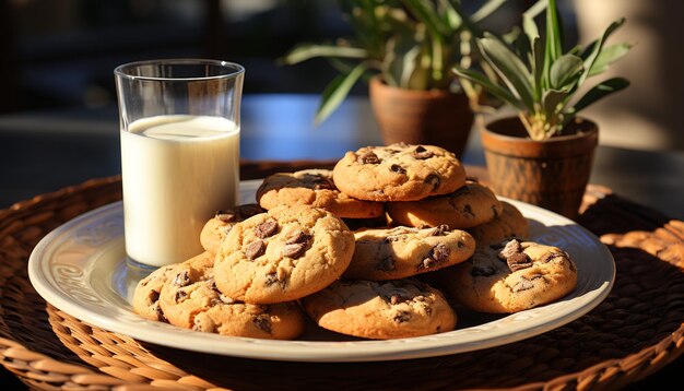 Foto gratuita un biscotto con gocce di cioccolato fatto in casa su un tavolo di legno rustico generato dall'intelligenza artificiale