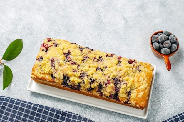 Homemade delicious blueberry crumble cake with frozen blueberries