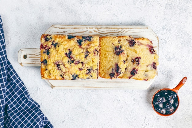 Homemade delicious blueberry crumble cake with frozen blueberries