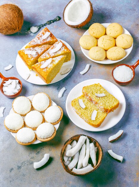 Homemade delicious coconut cake with half coconut